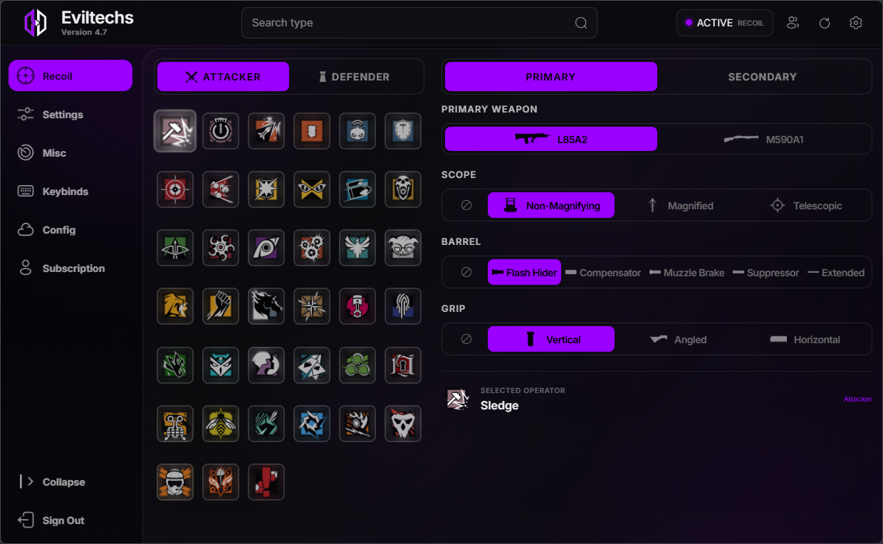 Eviltechs 4.7 interface with operator, weapon, scope and attachment controls