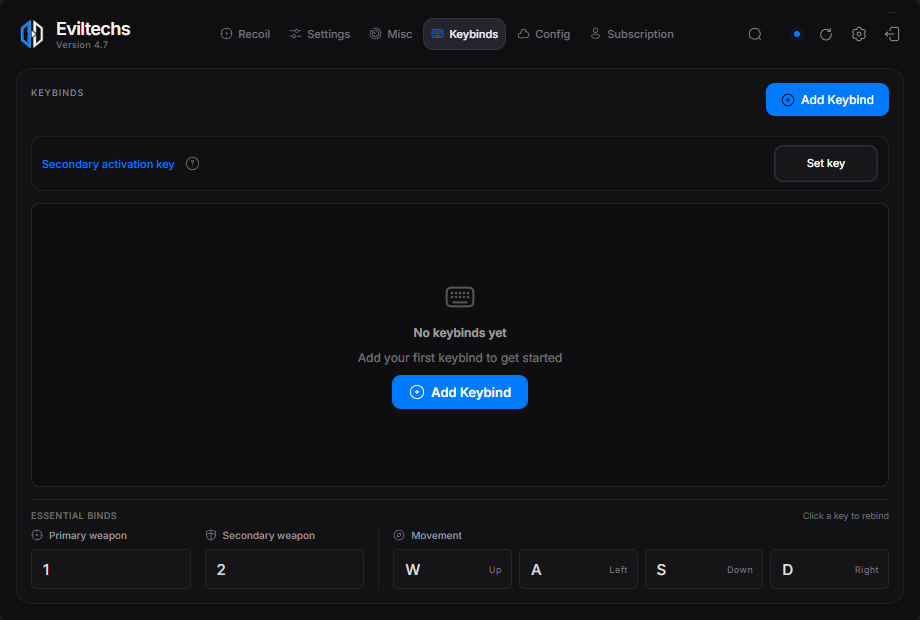 Eviltechs 4.7 keybinds screen