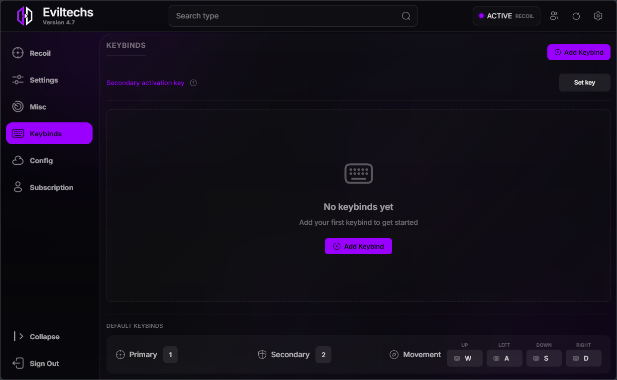 Eviltechs 4.7 keybinds screen