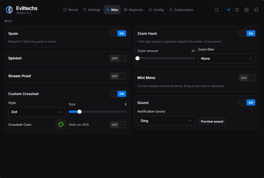 Eviltechs 4.7 misc screen