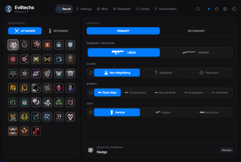 Eviltechs 4.7 interface with operator, weapon, scope and attachment controls