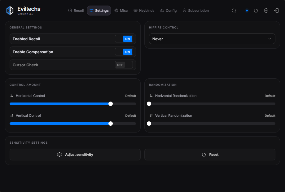 Eviltechs 4.7 settings screen