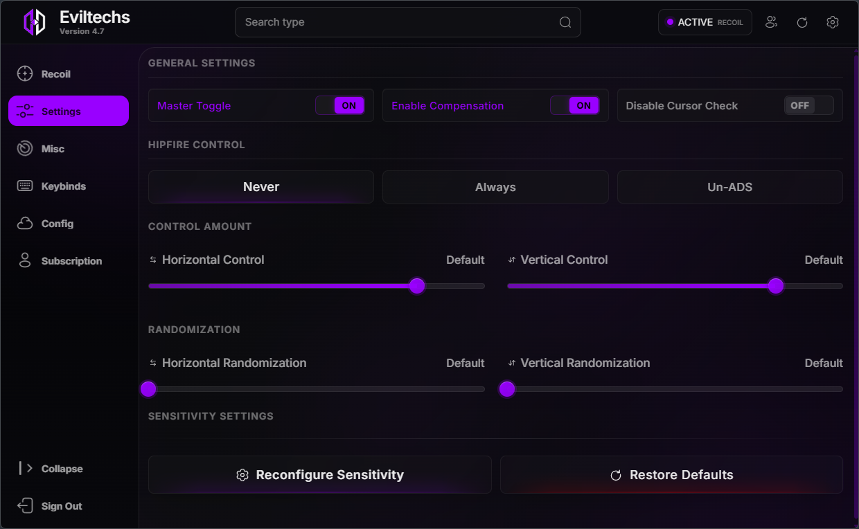 Eviltechs 4.7 settings screen