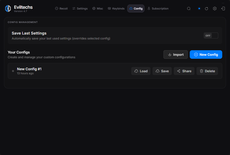 Eviltechs Config interface showing configuration management controls